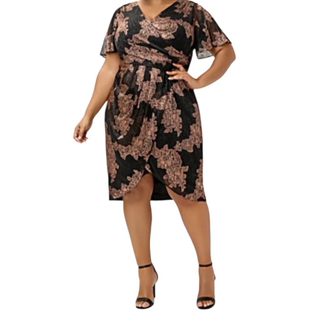 Adrianna Papell Womens Plus 24W Metallic Crinkled Rose‎ Gold Faux Wrap Dress NWT